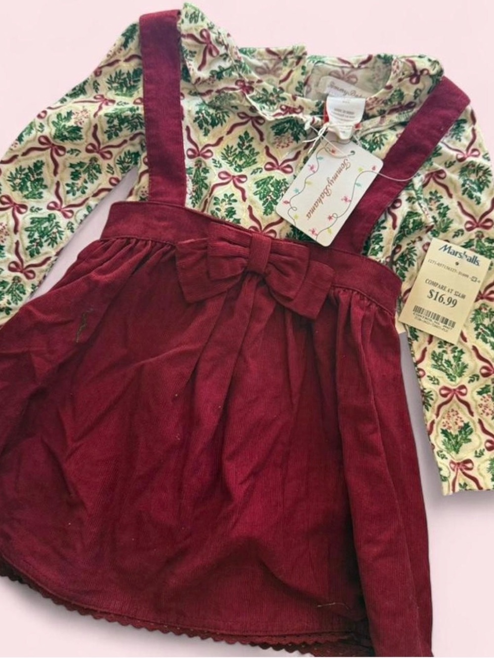 Tommy Bahama Red Corduroy Bow Pinafore Dress with Holiday Print Top